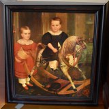 A41. Framed print on canvas of 18th century shop painting. Frame: 29”h x 27”w 